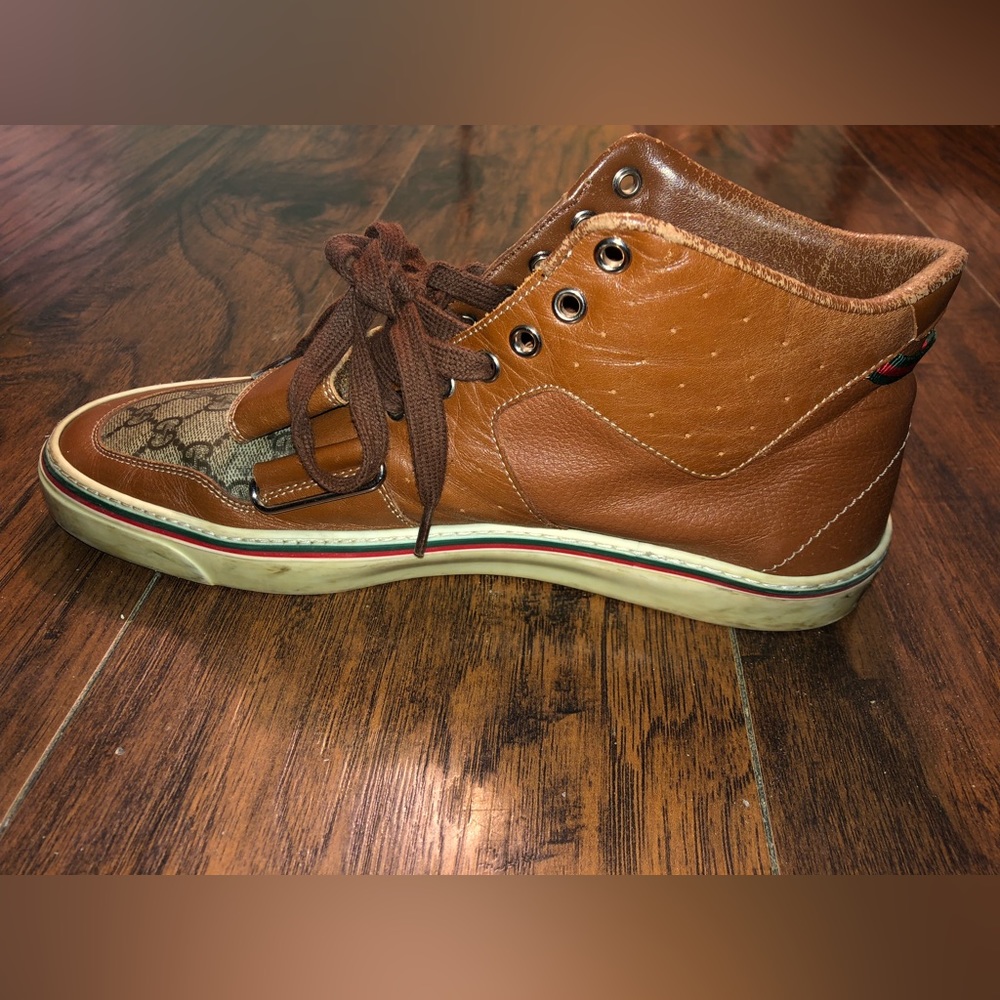 Gucci Leather Monogram Hightop Sneakers Brown SZ9.5 - Picture 4 of 12